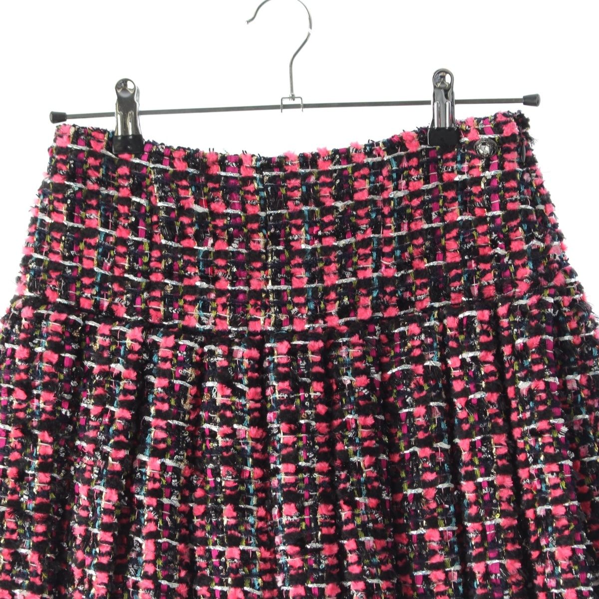 Chanel Nylon Wool Coco Button Pleated Skirt Pink Black 36 — view 3