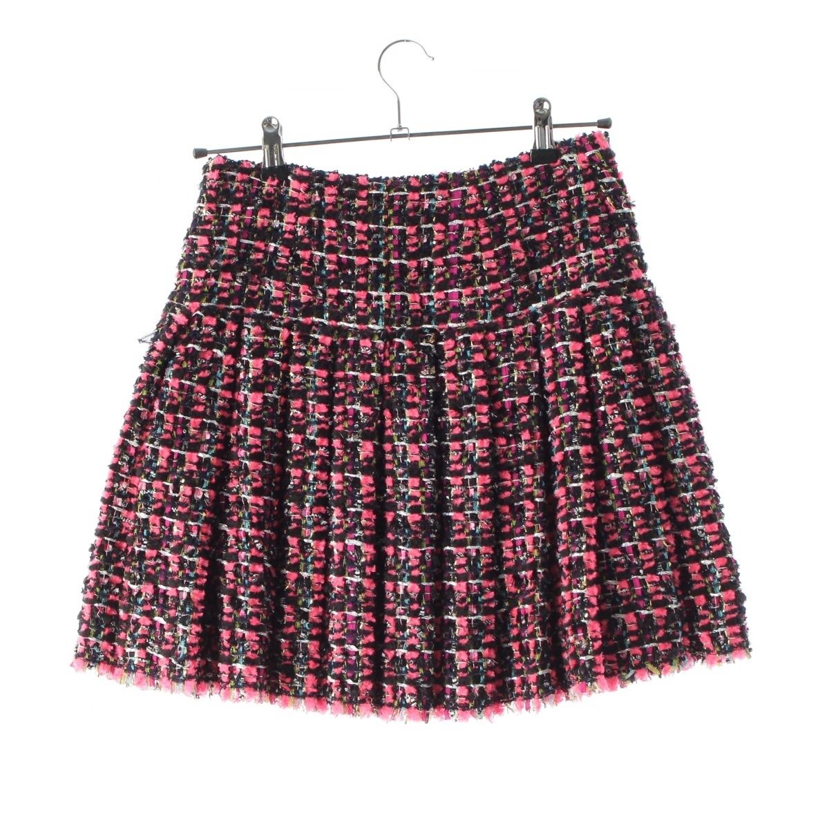 Chanel Nylon Wool Coco Button Pleated Skirt Pink Black 36 — view 2