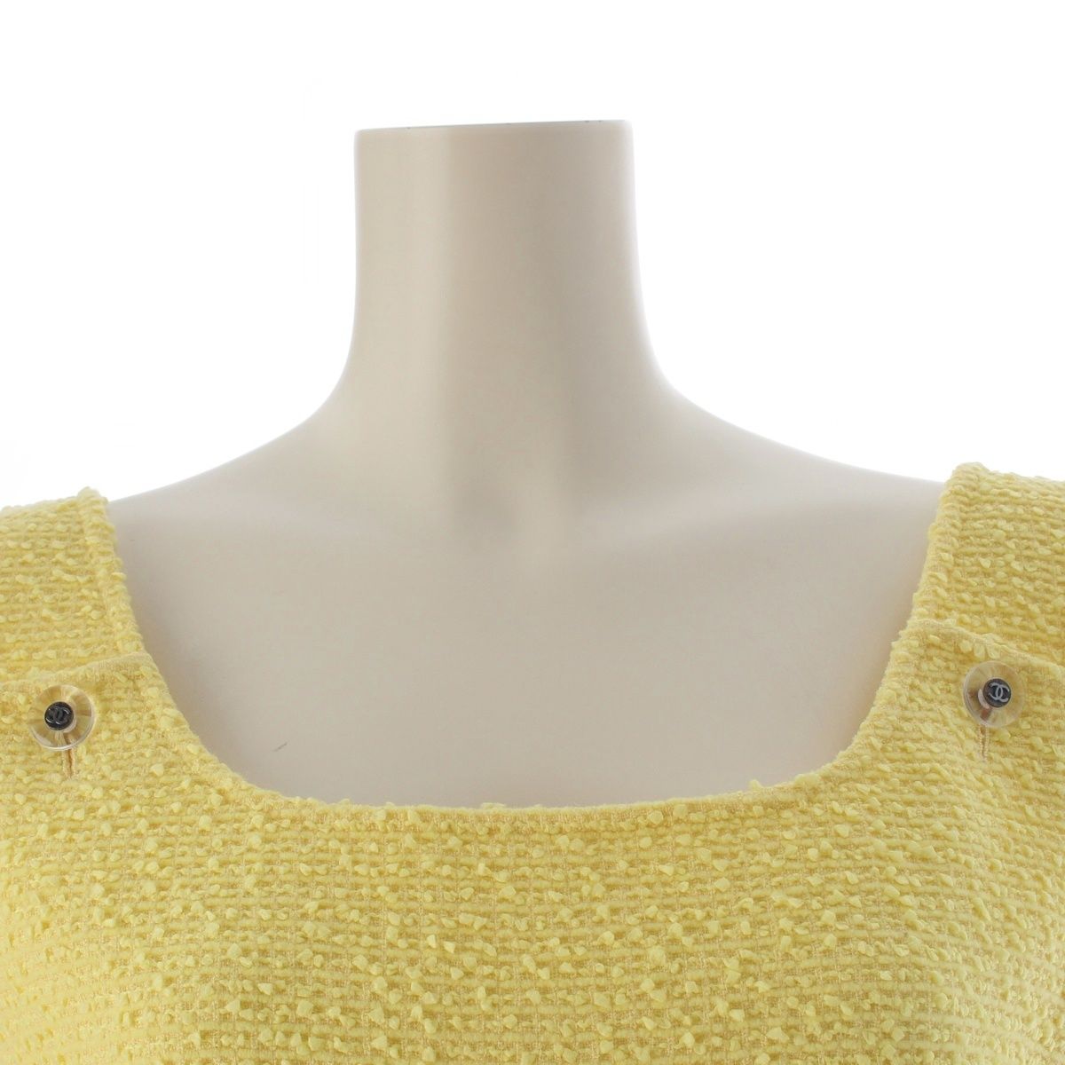Chanel Wool CC Logo Clear Button Tweed Sleeveless Dress Yellow 38 — view 5