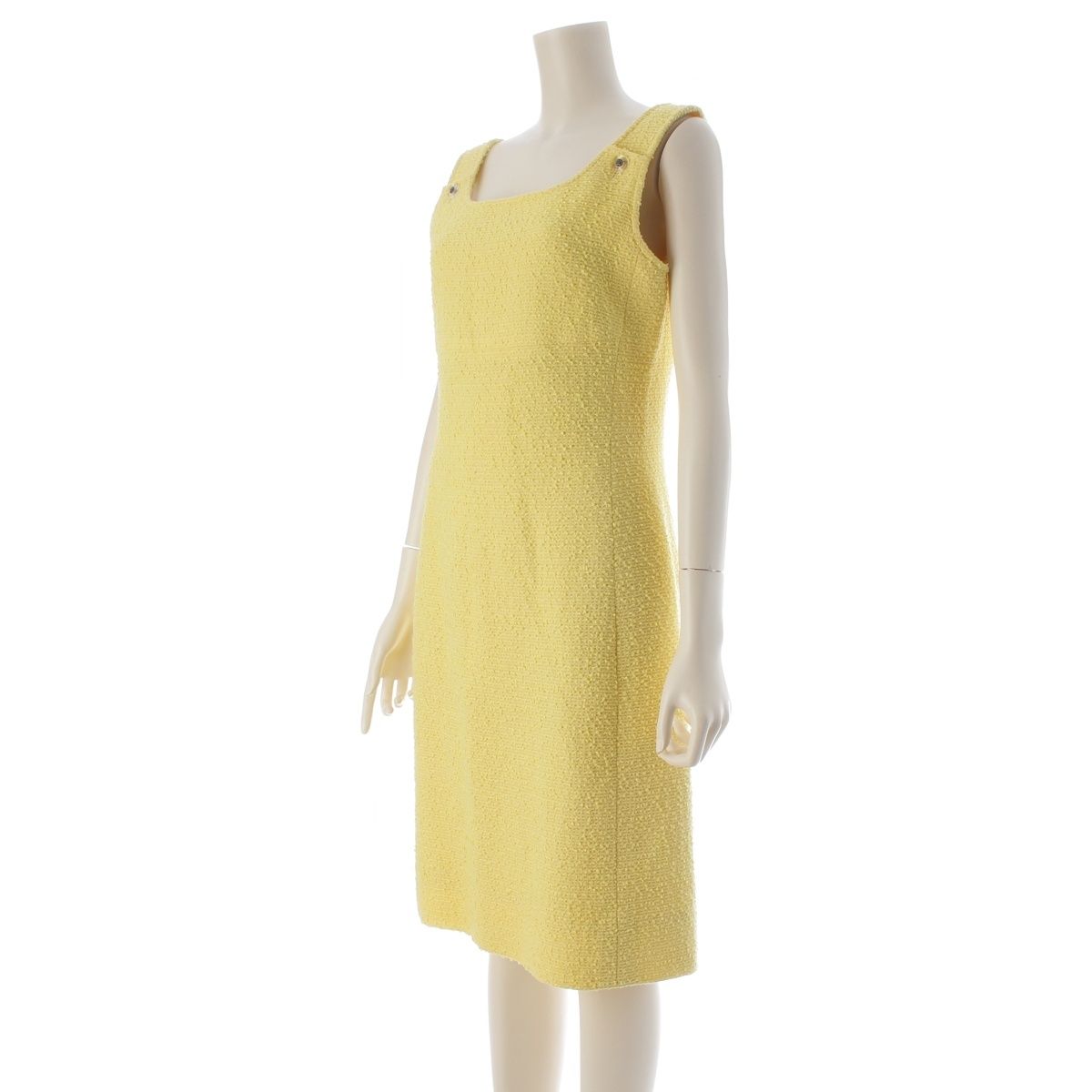 Chanel Wool CC Logo Clear Button Tweed Sleeveless Dress Yellow 38 — view 2