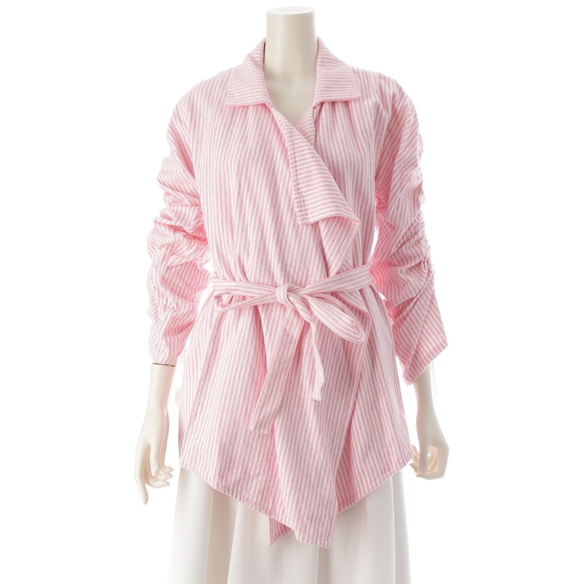 Chanel Cotton CC Logo Striped Belt Coat Pink White 36