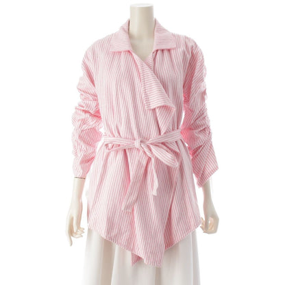 Chanel Cotton CC Logo Striped Belt Coat Pink White 36