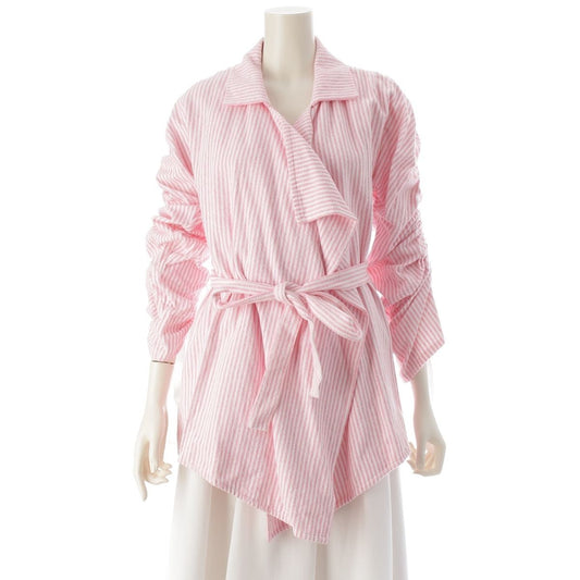 Chanel Cotton CC Logo Striped Belt Coat Pink White 36