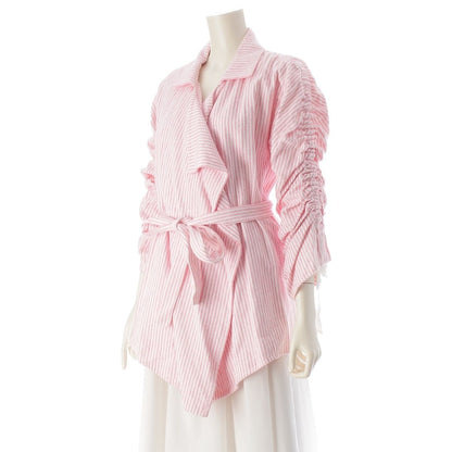Chanel Cotton CC Logo Striped Belt Coat Pink White 36 — view 2