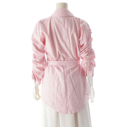 Chanel Cotton CC Logo Striped Belt Coat Pink White 36 — view 4