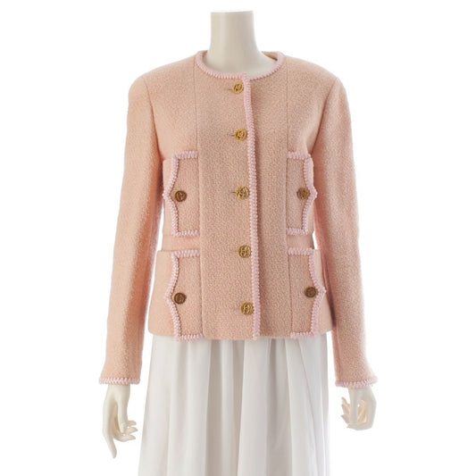 Chanel Wool Cotton Vintage CC Logo 4 Pocket Collarless Jacket Pink 40