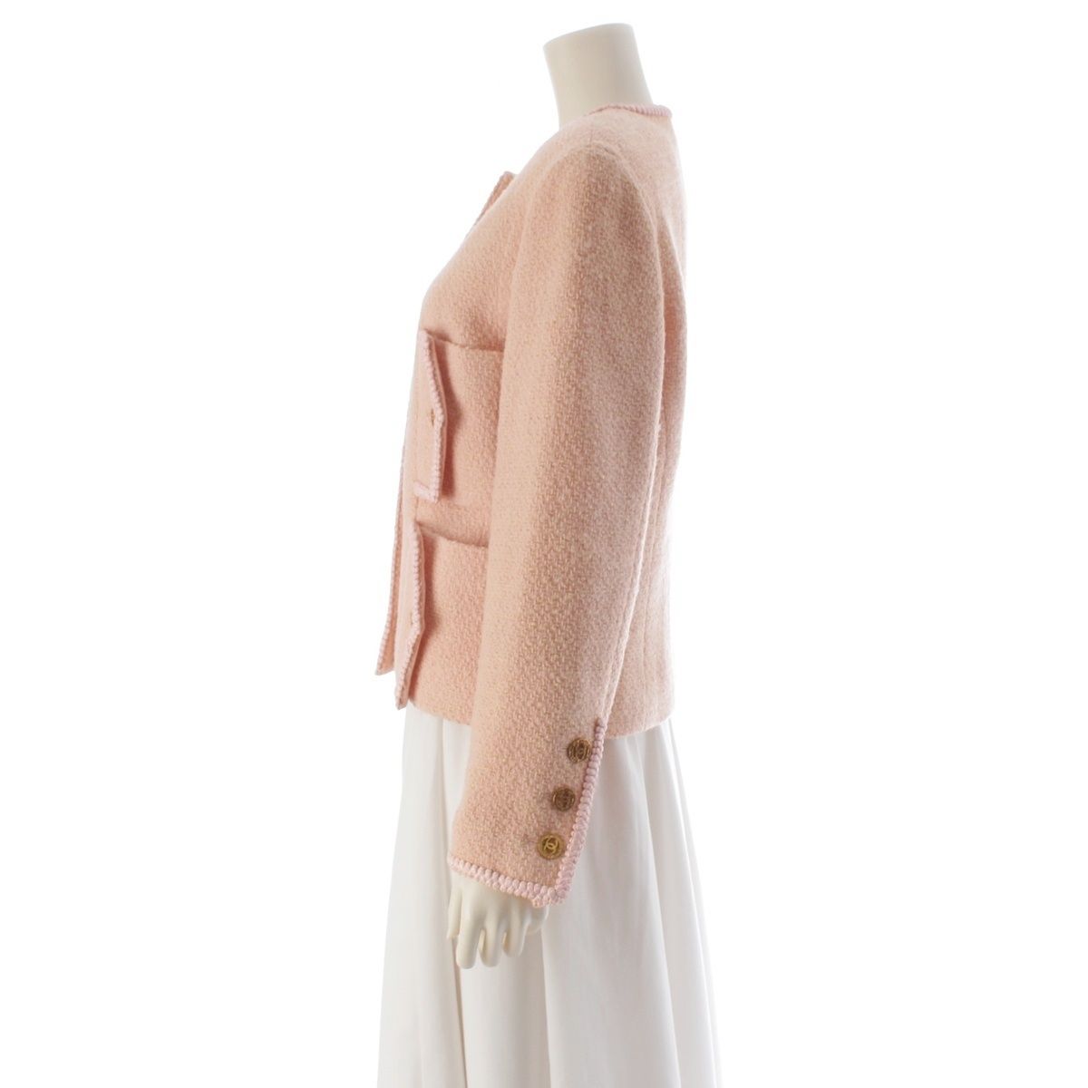 Chanel Wool Cotton Vintage CC Logo 4 Pocket Collarless Jacket Pink 40 — view 3