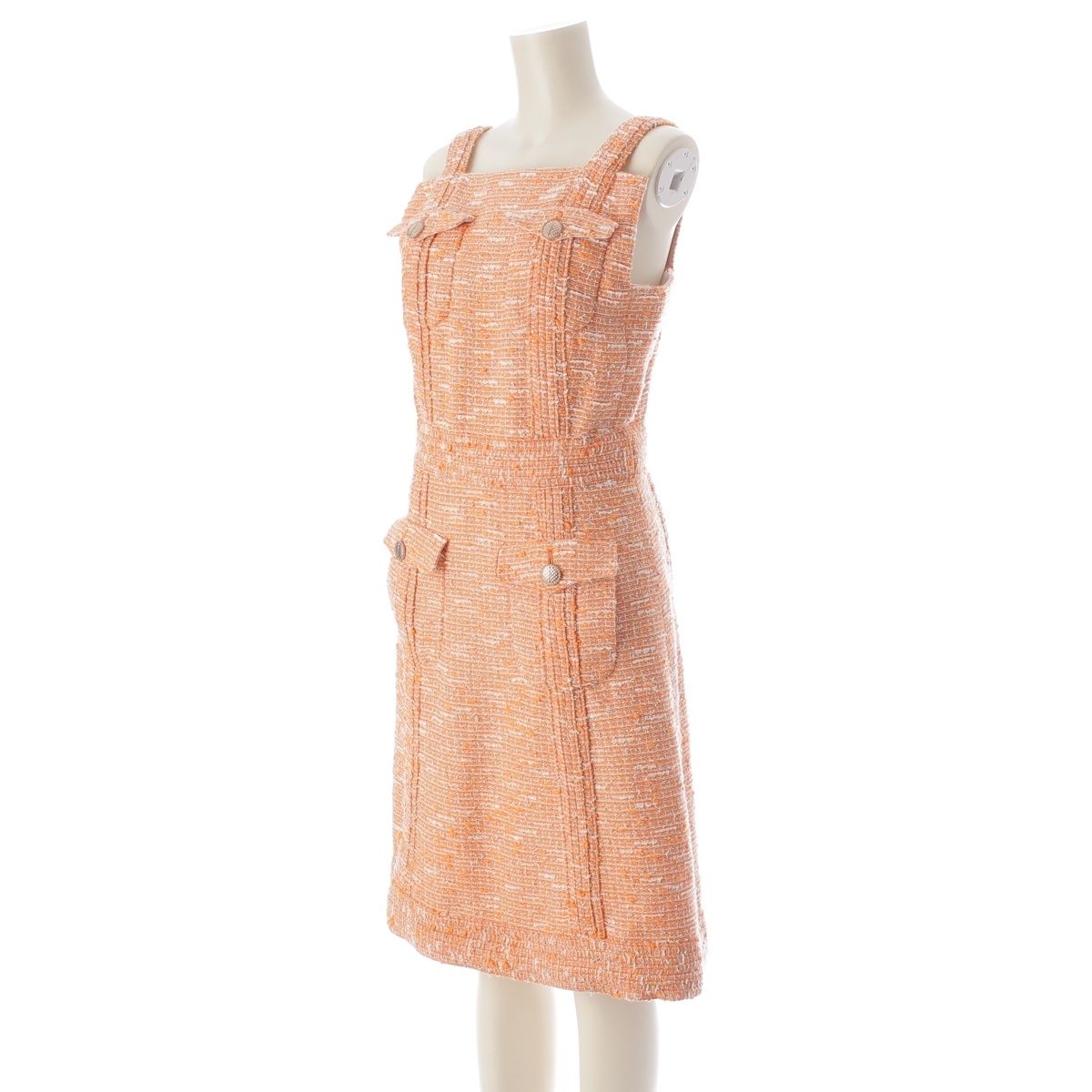 Chanel CC Logo Button Tweed Sleeveless Dress Orange 36 — view 2
