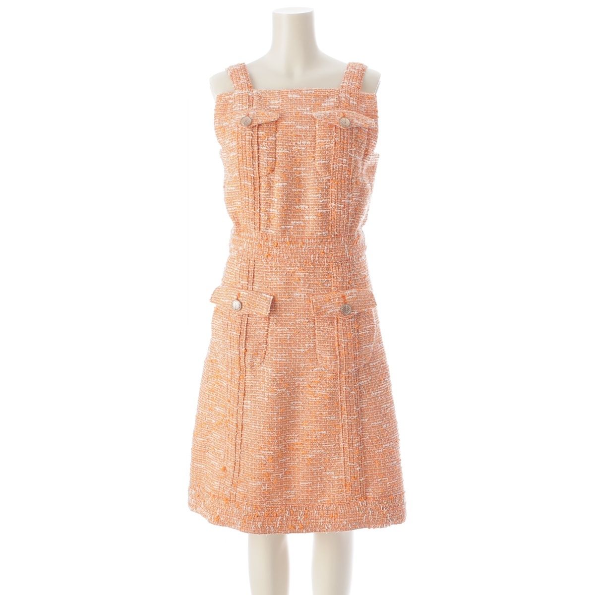Chanel CC Logo Button Tweed Sleeveless Dress Orange 36