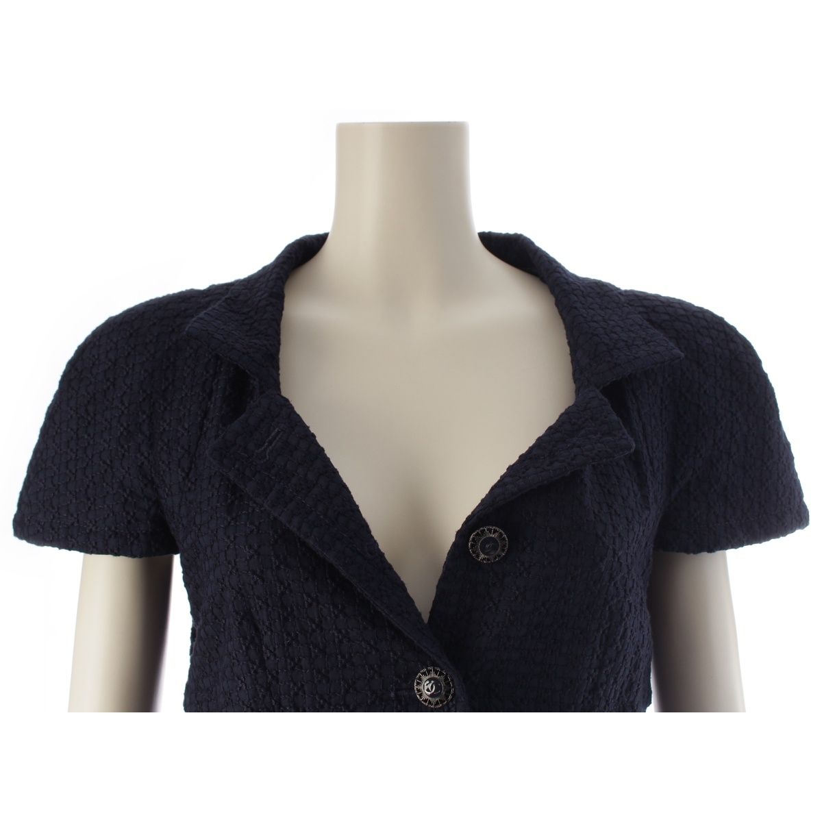 Chanel Rayon Cotton Silk CC Logo Button French Sleeve Dress Top Navy 36 — view 5
