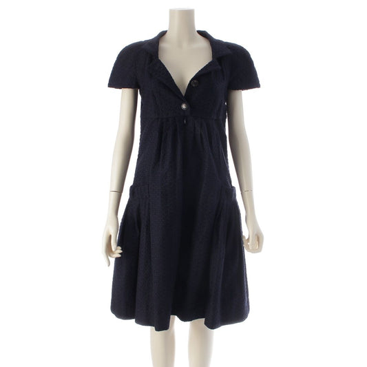 Chanel Rayon Cotton Silk CC Logo Button French Sleeve Dress Top Navy 36