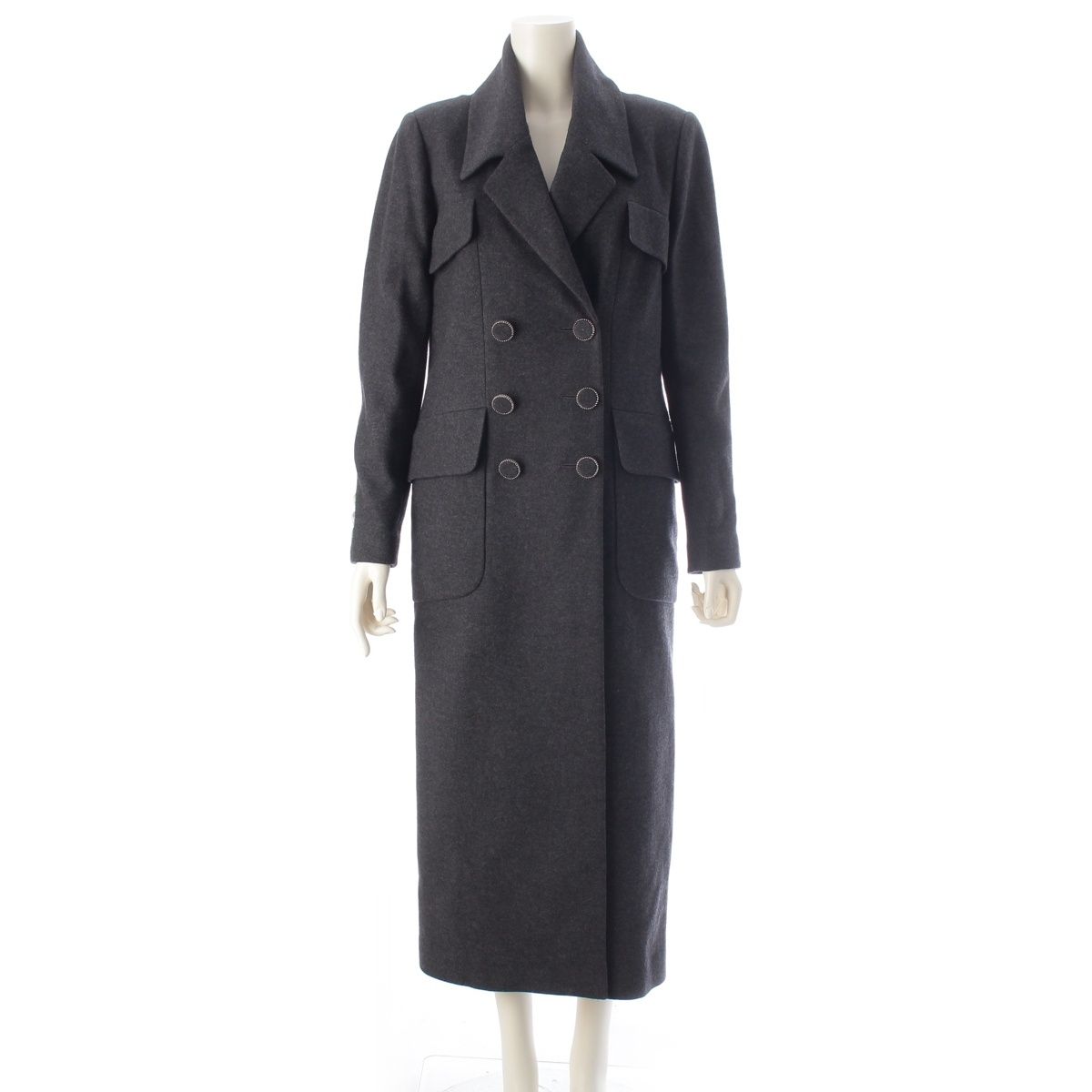 Chanel Wool Silk CC Logo Button Coat Double Long Gray 42