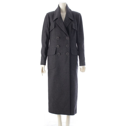 Chanel Wool Silk CC Logo Button Coat Double Long Gray 42