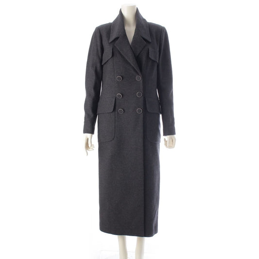 Chanel Wool Silk CC Logo Button Coat Double Long Gray 42