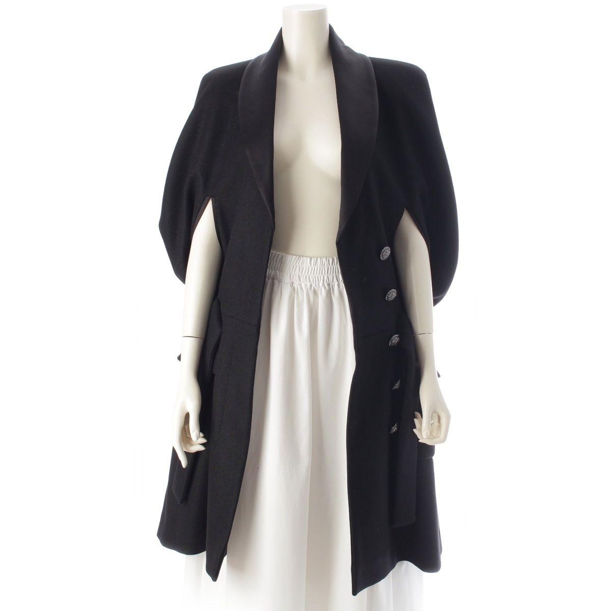 Chanel Cashmere Wool Lion Button Poncho Cape Long Coat Black 36