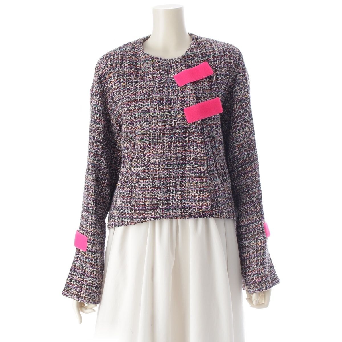 Chanel CC Logo Trim Tweed Collarless Jacket Multi Color 36