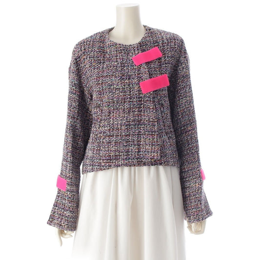 Chanel CC Logo Trim Tweed Collarless Jacket Multi Color 36