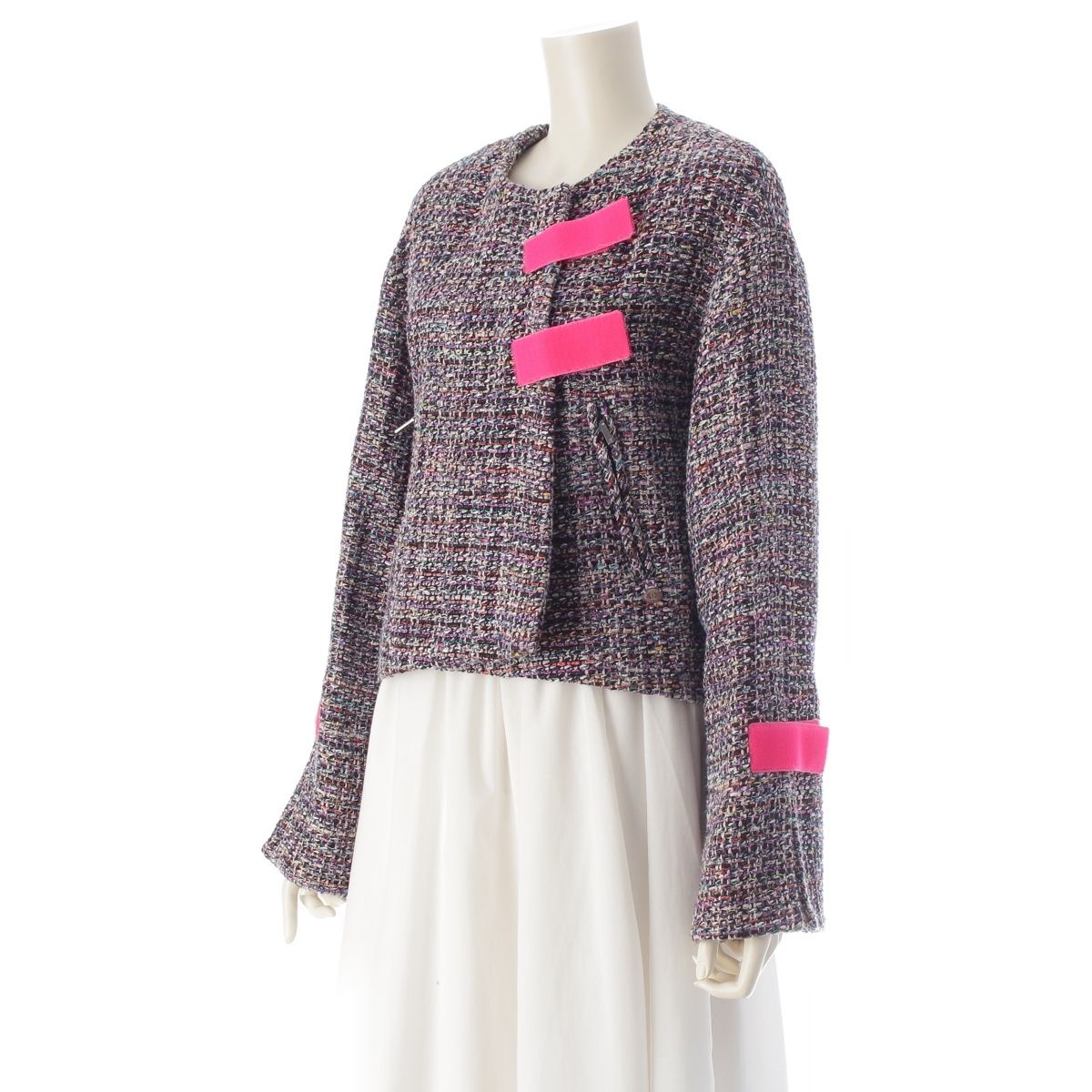 Chanel CC Logo Trim Tweed Collarless Jacket Multi Color 36 — view 2