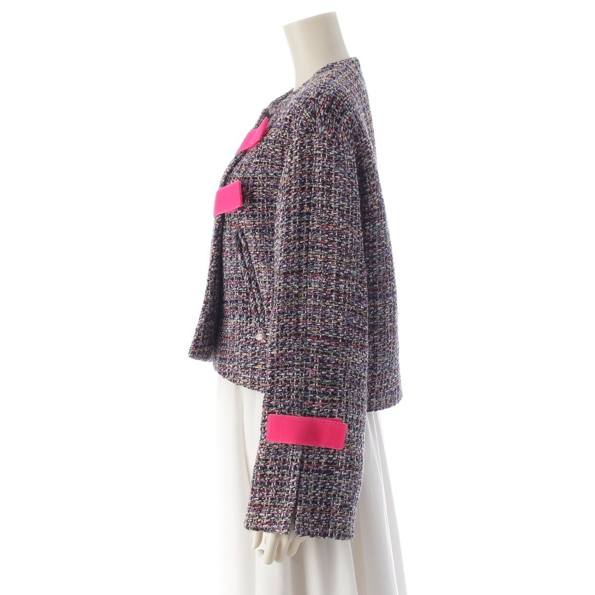 Chanel CC Logo Trim Tweed Collarless Jacket Multi Color 36 — view 3