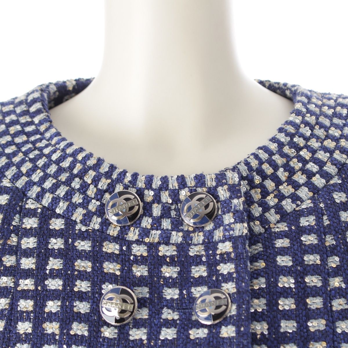 Chanel CC Logo Button Tweed Sequin Jacket Dress Set Blue 36 — view 7