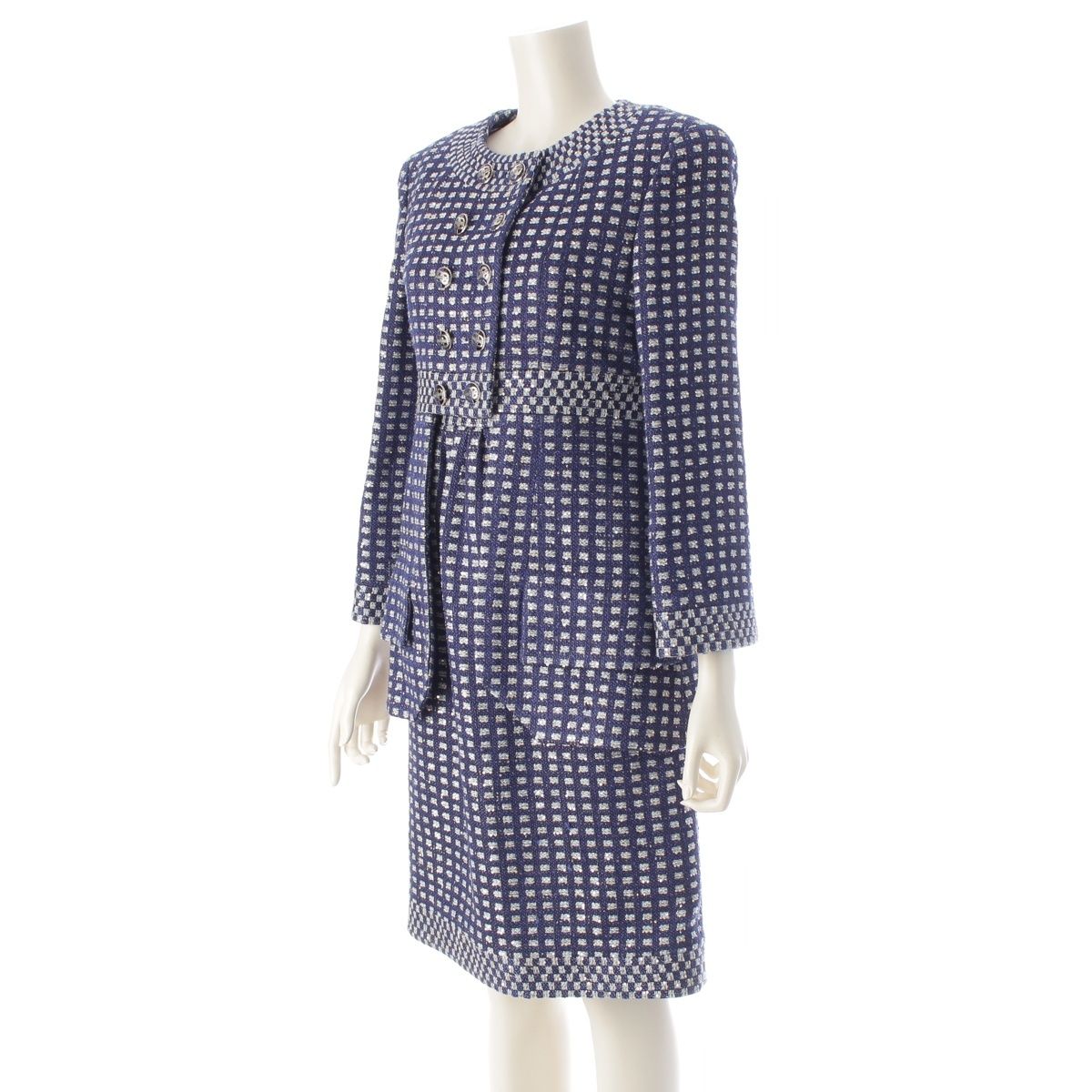 Chanel CC Logo Button Tweed Sequin Jacket Dress Set Blue 36 — view 2