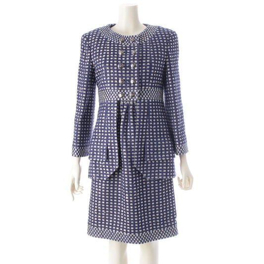 Chanel CC Logo Button Tweed Sequin Jacket Dress Set Blue 36