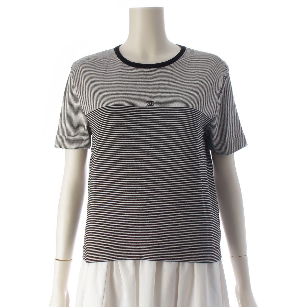 Chanel 97c Cotton CC Logo Border Short Sleeve T-Shirt White Black 42