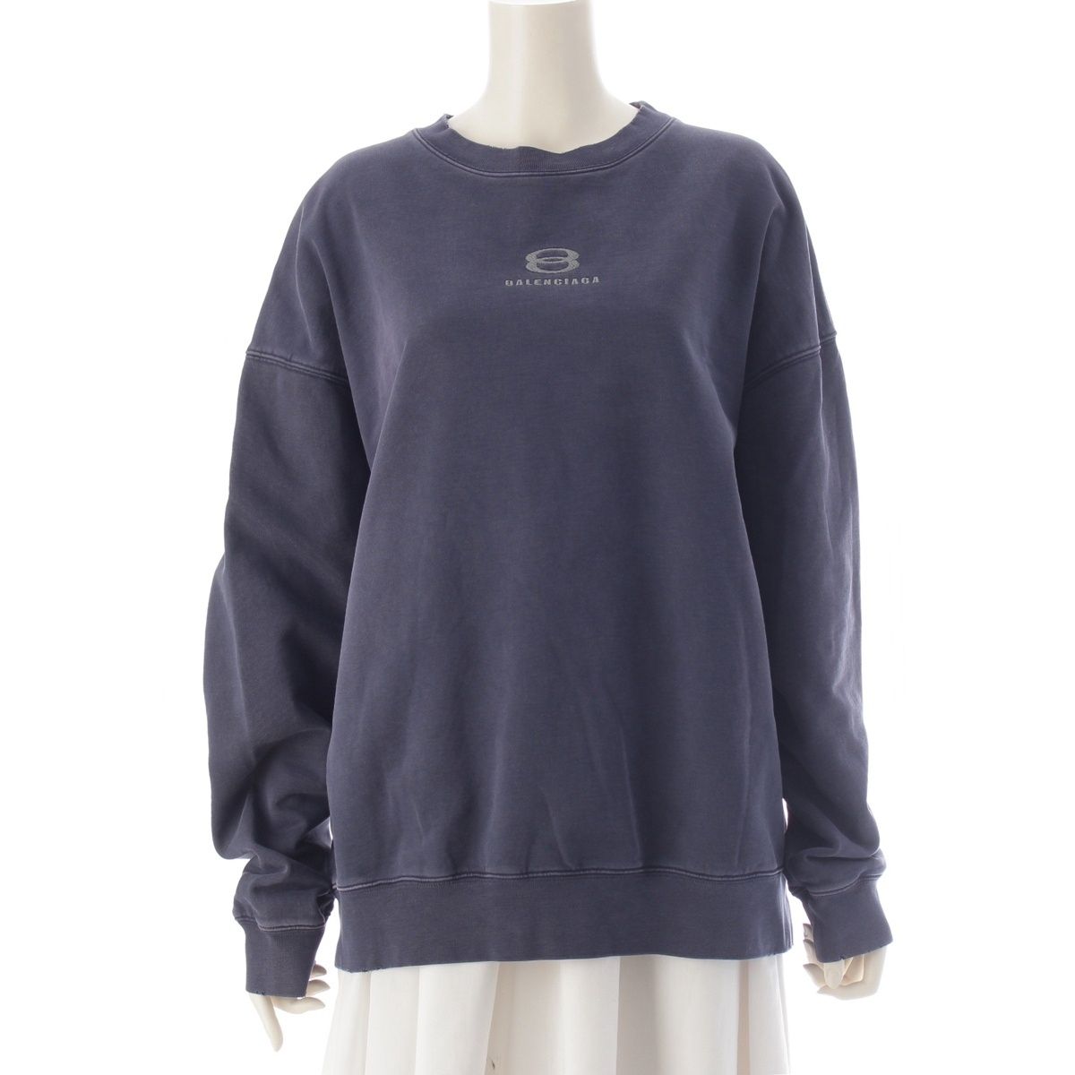 Balenciaga Front Logo Embroidery Distressed Sweatshirt Top Navy