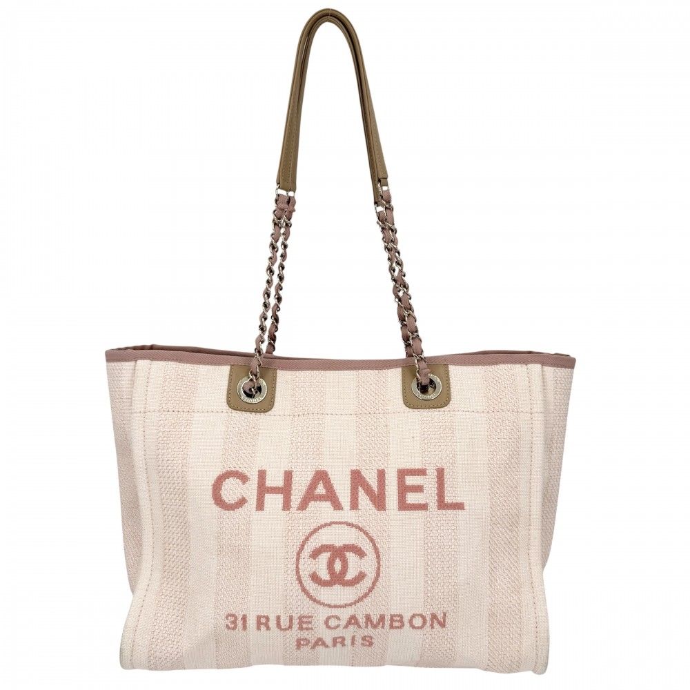 Chanel Handbag Deauville MM Chain Tote CC Logo Shoulder Stripe Raffia Leather