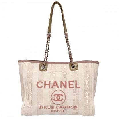 Chanel Handbag Deauville MM Chain Tote CC Logo Shoulder Stripe Raffia Leather