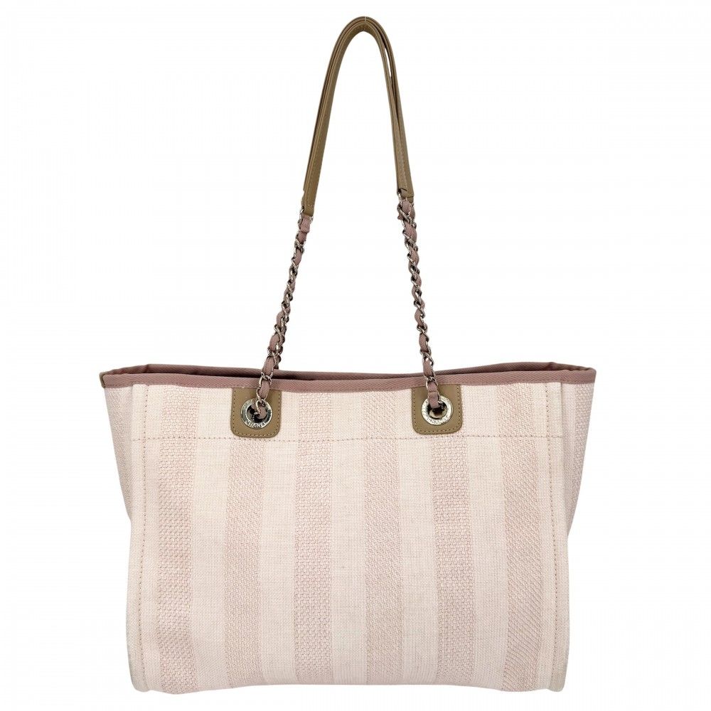 Chanel Handbag Deauville MM Chain Tote CC Logo Shoulder Stripe Raffia Leather — view 2