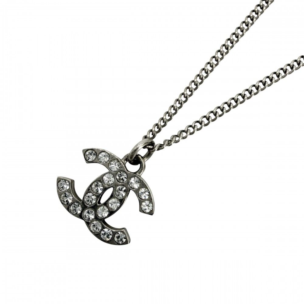 Chanel Necklace CC Logo Pendant Rhinestone Silver