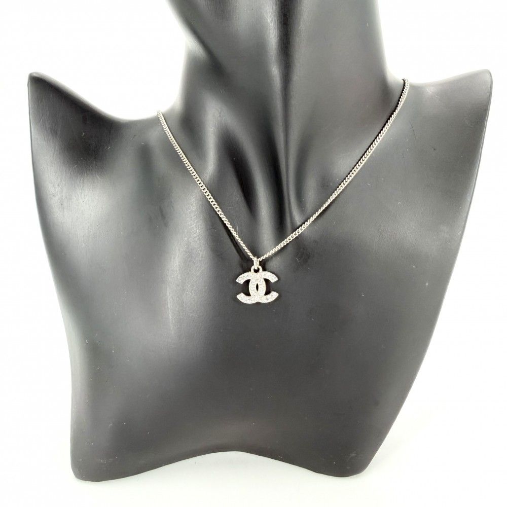 Chanel Necklace CC Logo Pendant Rhinestone Silver — view 3