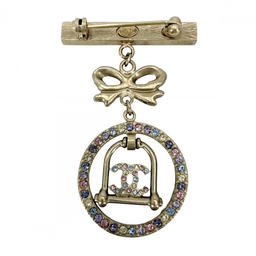 Chanel Brooch CC Logo Ribbon Swing Rhinestone Gold Plated Multi — view 2