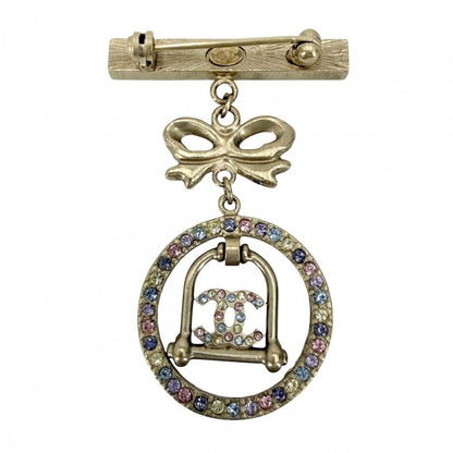 Chanel Brooch CC Logo Ribbon Swing Rhinestone Gold Plated Multi — view 2