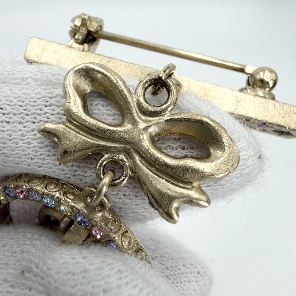 Chanel Brooch CC Logo Ribbon Swing Rhinestone Gold Plated Multi — view 9
