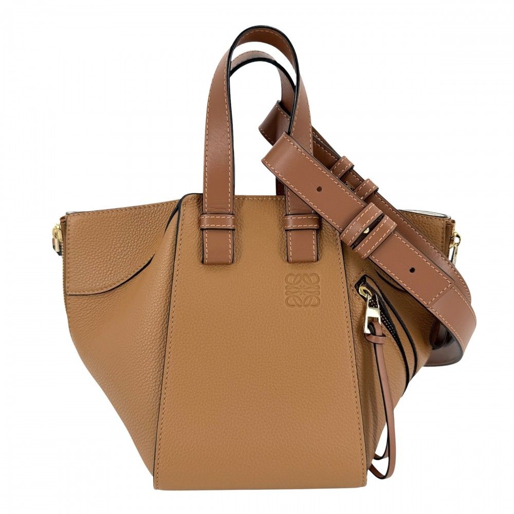 Loewe 2-Way Hammock Compact Shoulder Bag Crossbody Tote Leather Calf Brown Gold