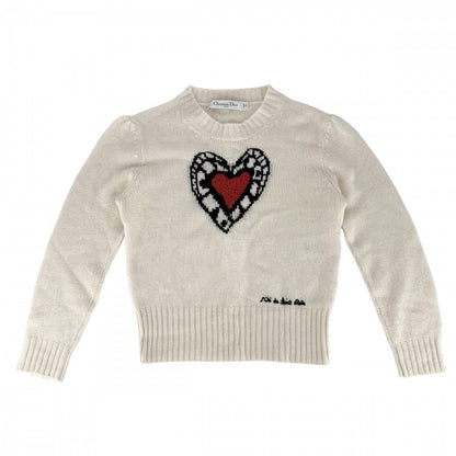 Dior Knit Heart Top Long Sleeve Sweater 36 White Cashmere Autumn Winter