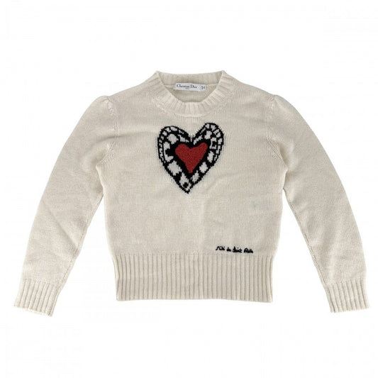 Dior Knit Heart Top Long Sleeve Sweater 36 White Cashmere Autumn Winter