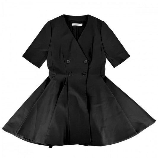 Dior Dio Dress Flaredress Double Breasted Short Sleeve 40 Black Nylon Polyuretha