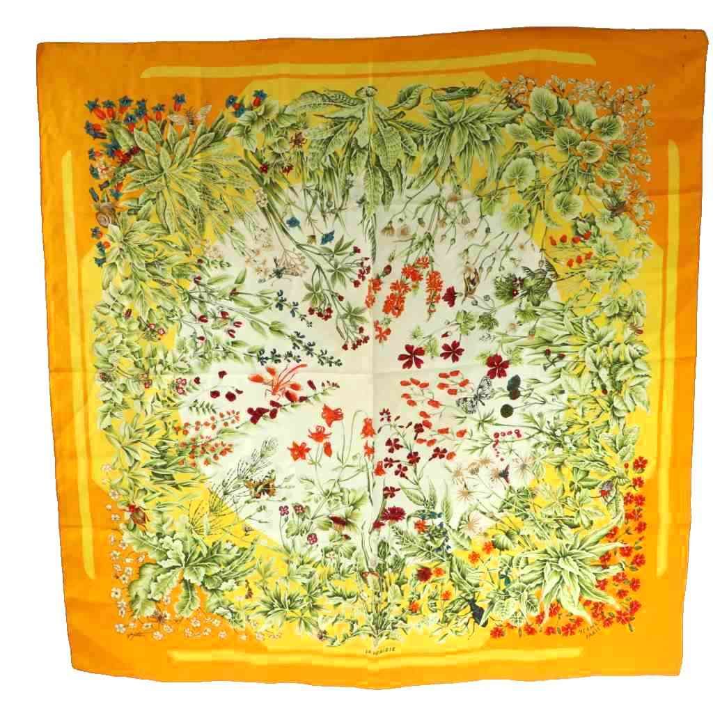 Hermes la Prairie Grassland Carre 90 Scarf Silk Multi Color Orange Green SS