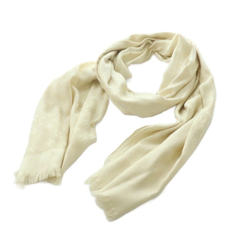 Louis Vuitton Monogram Shine Shawl Silk Lame Thread Ivory Scarf