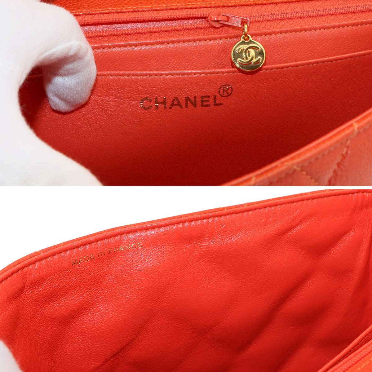 Chanel Quilted Hand Bag Caviar Leather Orange Gold Vintage — view 9