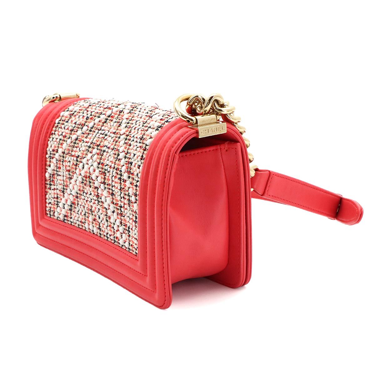 Chanel Small Chain Shoulder Bag Tweed Leather Pink White — view 4