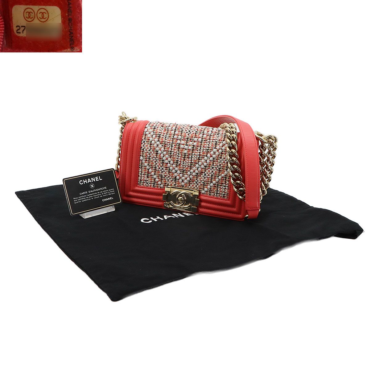 Chanel Small Chain Shoulder Bag Tweed Leather Pink White — view 2