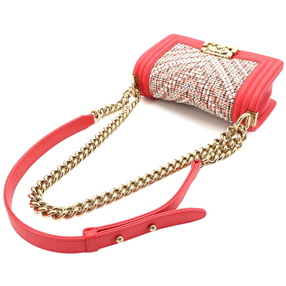 Chanel Small Chain Shoulder Bag Tweed Leather Pink White — view 6