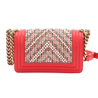 Chanel Small Chain Shoulder Bag Tweed Leather Pink White — view 3