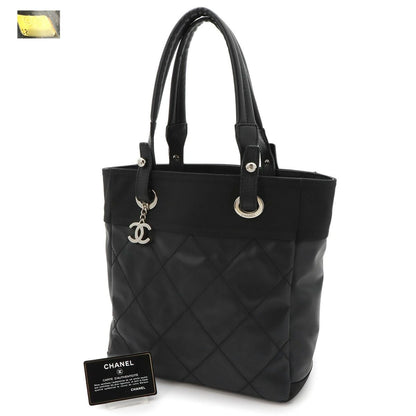 Chanel Paris Biarritz PM Tote Nylon Leather Black Silver — view 2