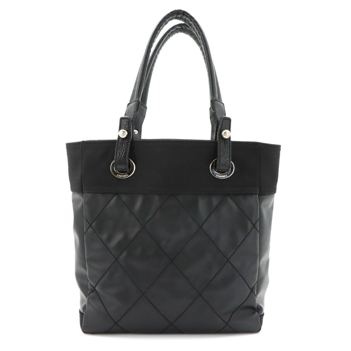 Chanel Paris Biarritz PM Tote Nylon Leather Black Silver — view 3