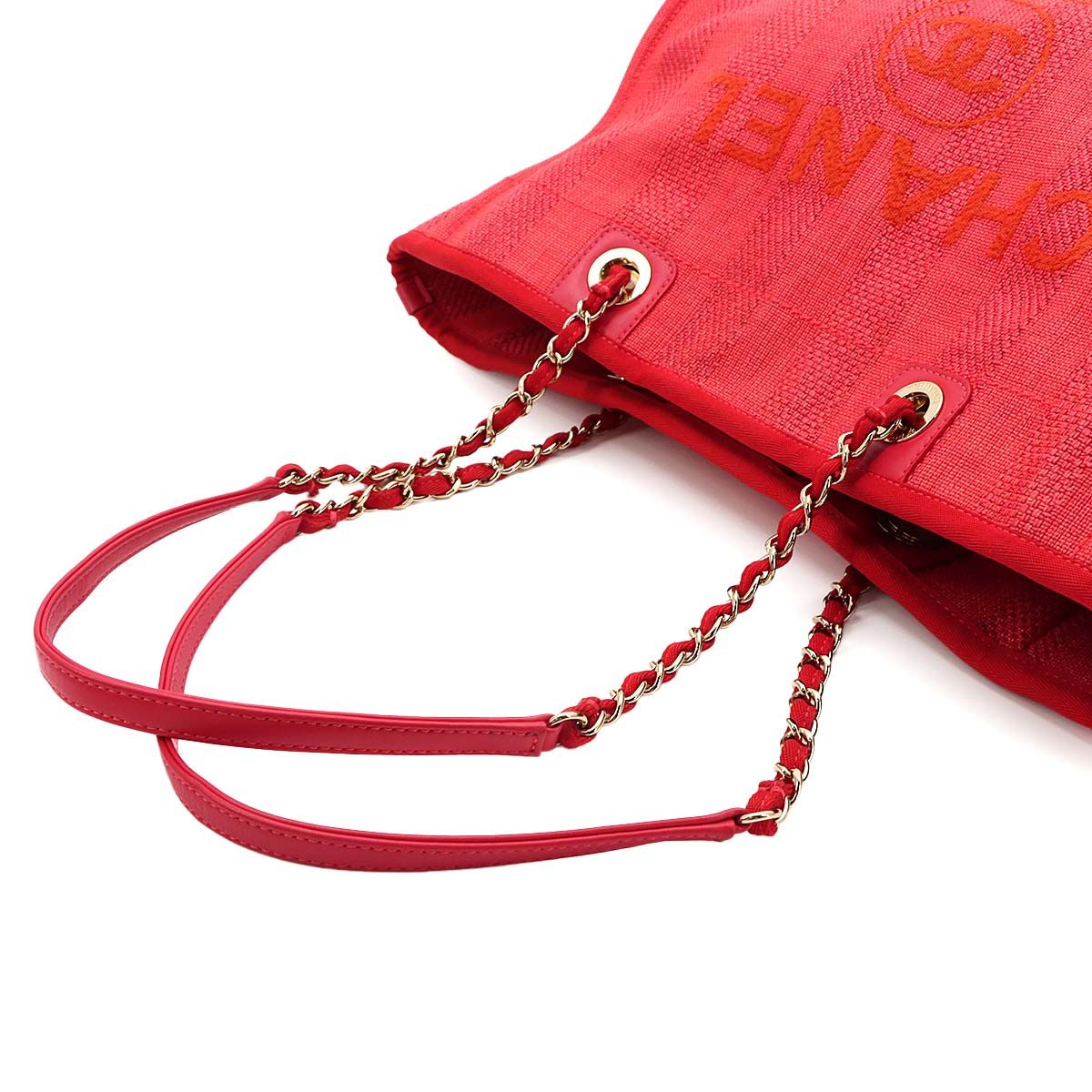 Chanel Deauville MM Chain Tote Mixed Fiber Red Gold — view 6